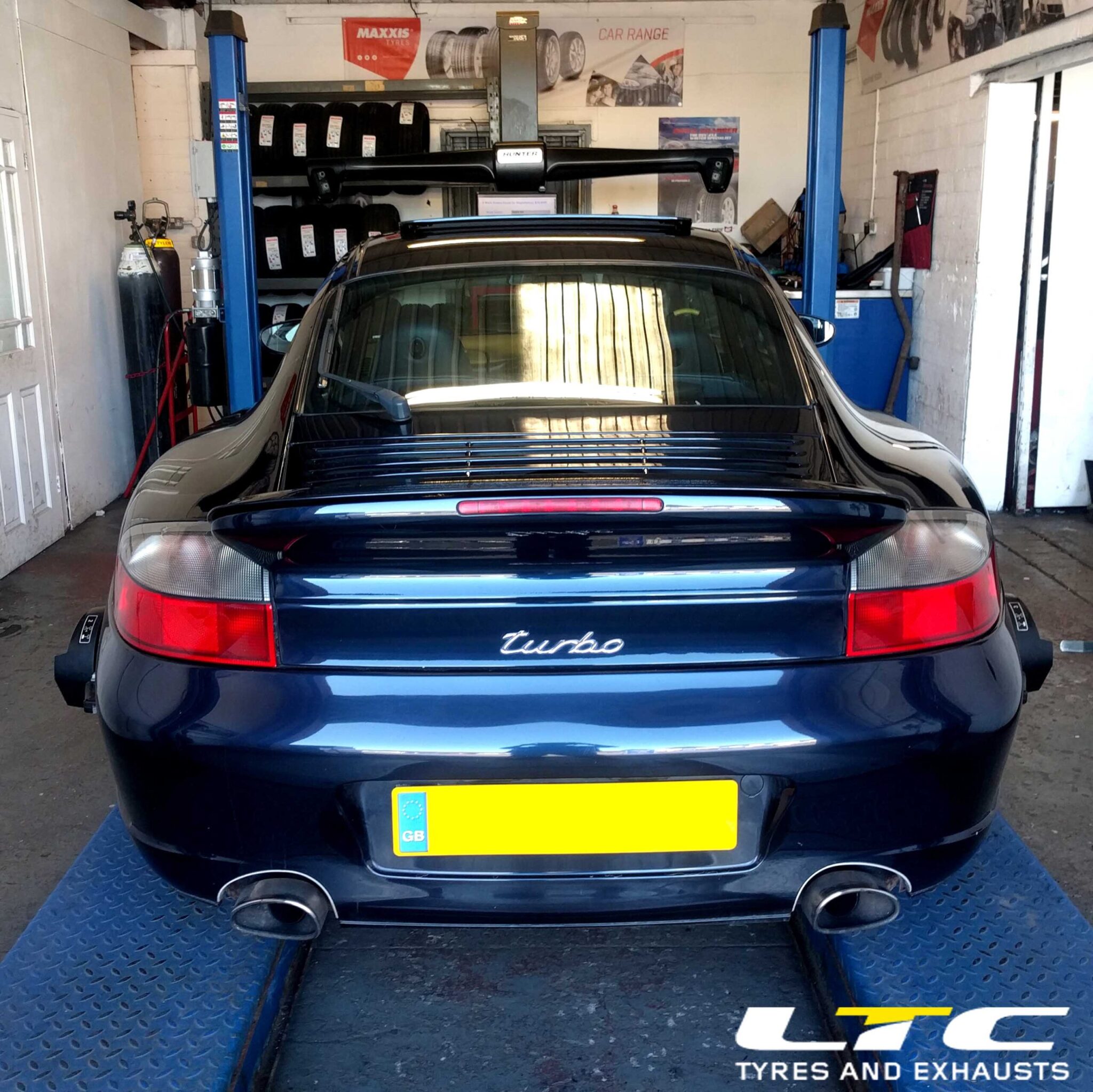 Porsche performance car undergoing Hunter wheel alignment at LTC Tyres and Exhausts