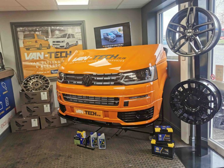 Orange VW Transporter in the Van-Tech van showroom at LTC Halesowen