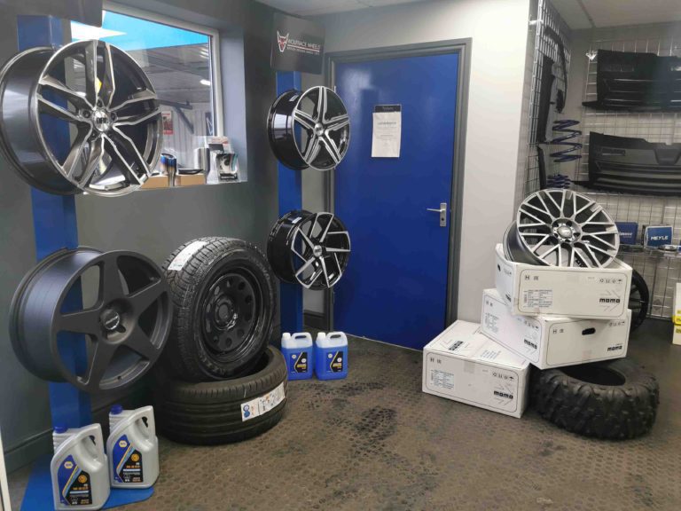 Alloy wheels and tyres on display at LTC Tyres Halesowen wheel repair centre