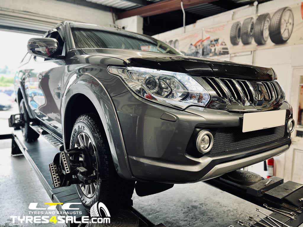 Mitsubishi Shogun 4x4 undergoing wheel alignment at LTC Tyres and Exhausts