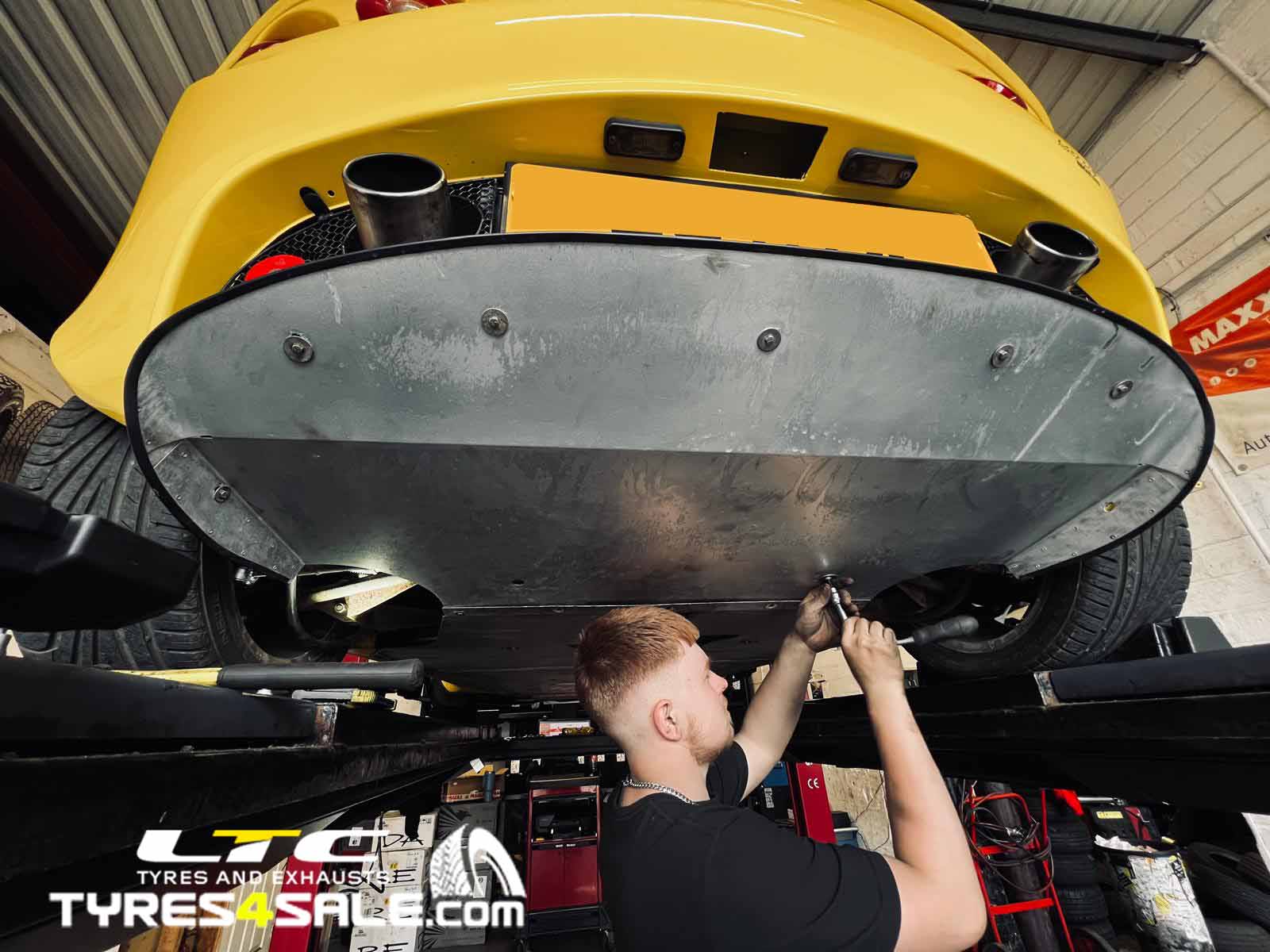 Lotus Elise undergoing Hunter HawkEye four wheel alignment at LTC Tyres and Exhausts