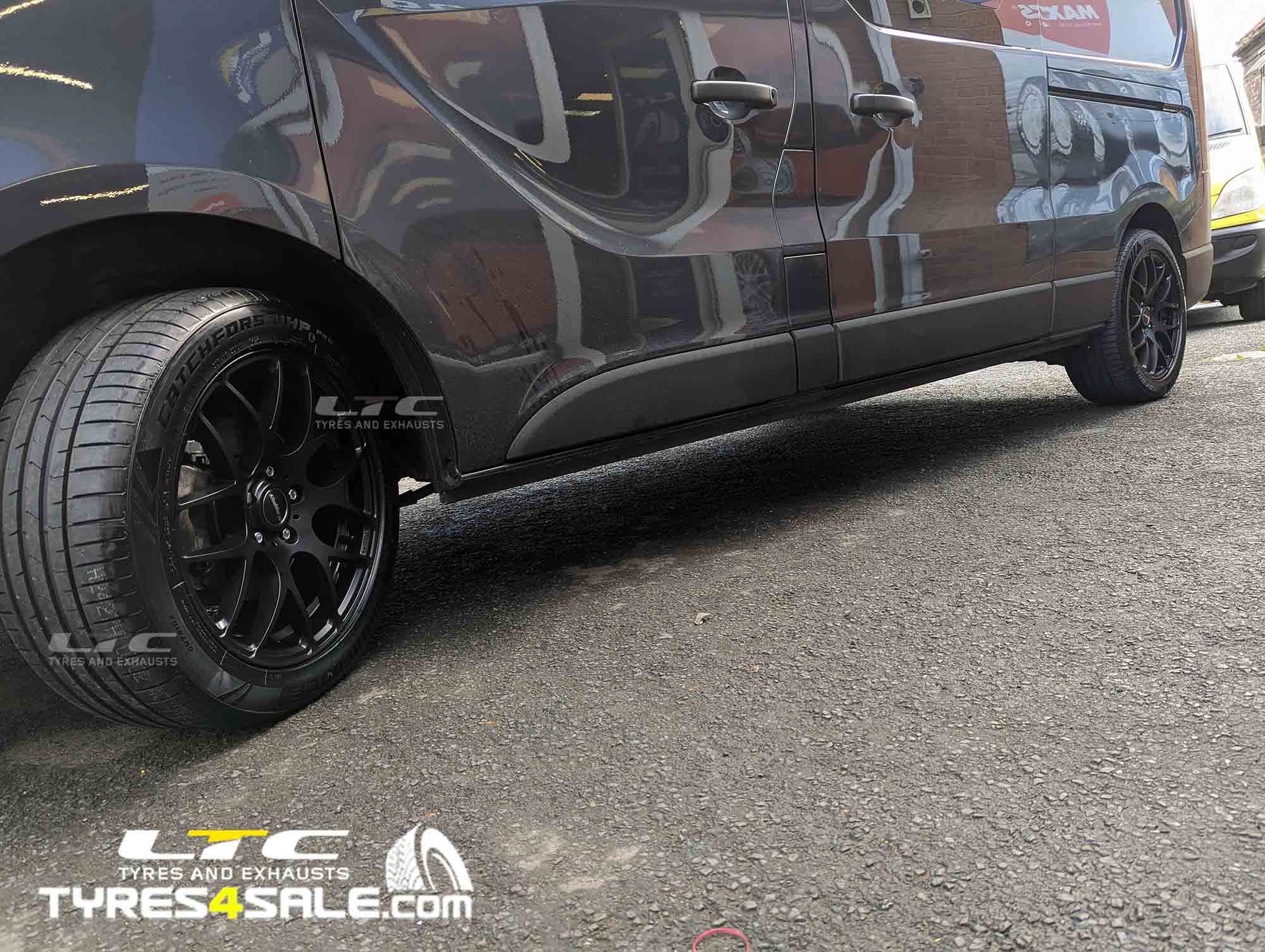 Calibre Exile-R Matte Black Alloy Wheels for Renault Trafic and a set of Windforce 235/50 18 101Y Tyres