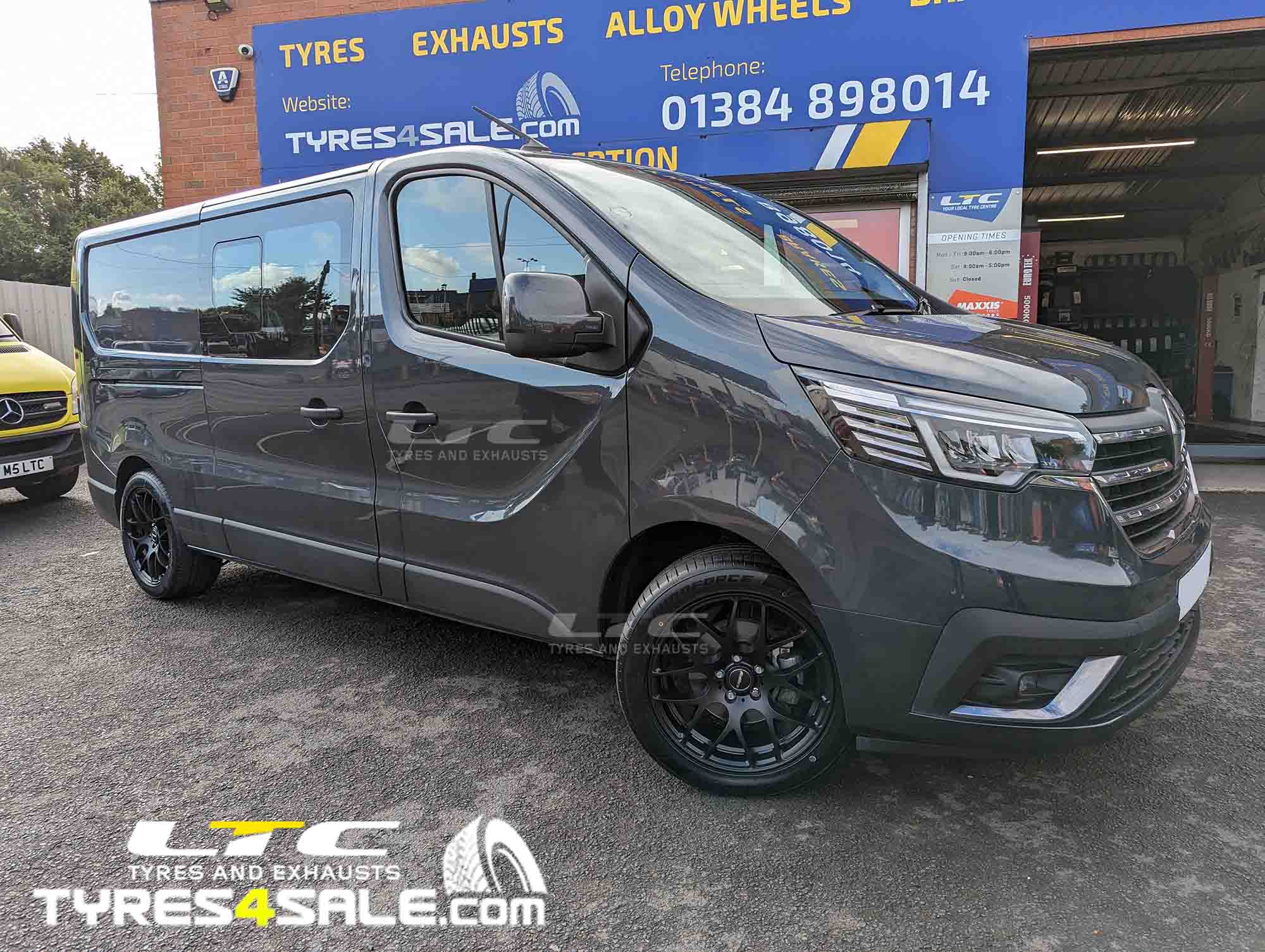 Calibre Exile-R Matte Black Alloy Wheels for Renault Trafic and a set of Windforce 235/50 18 101Y Tyres
