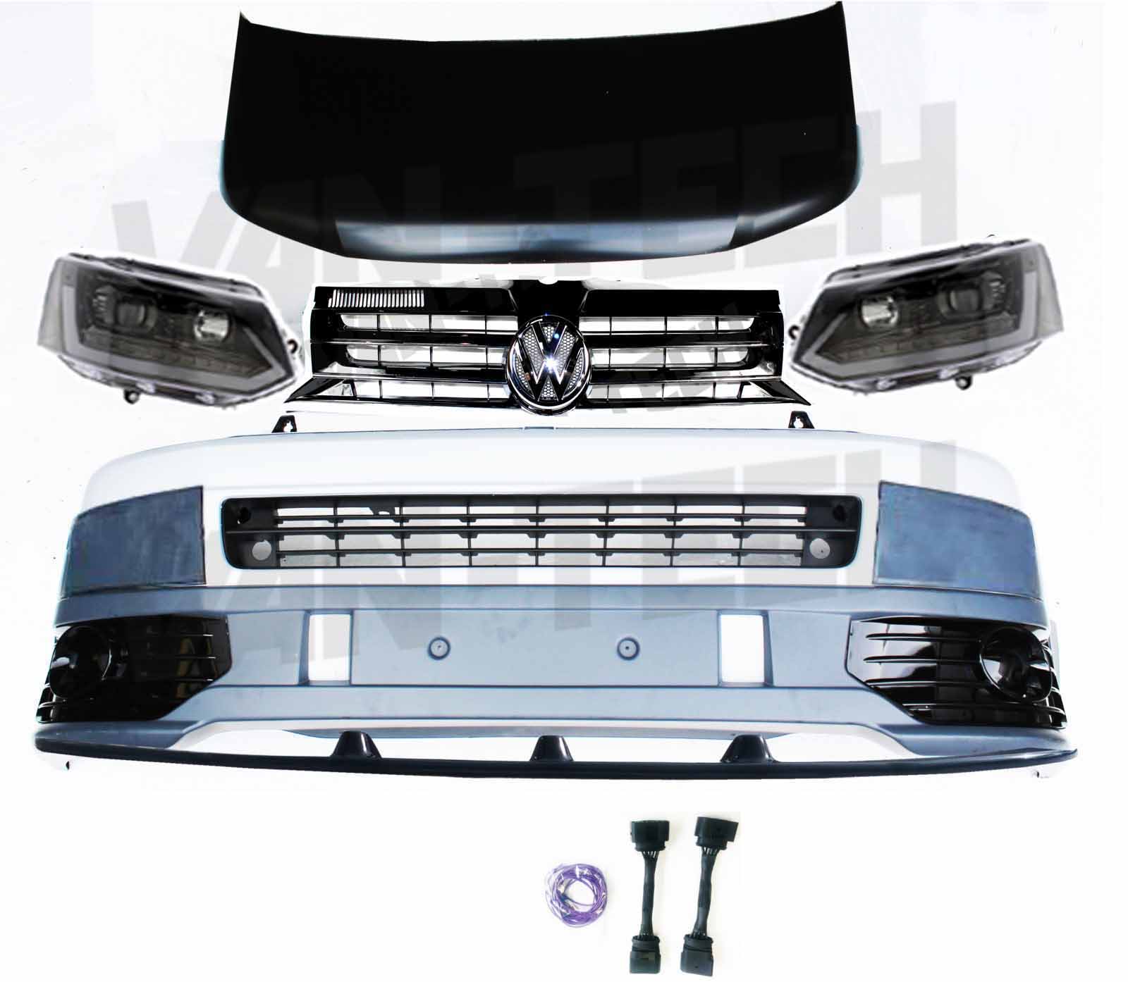 Badged VW Transporter T5 to T5.1 Front End Conversion Kit includes Light Bar / Lower Splitter – Blanking Plates VW Transporter T5 to T5.1 Front End Conversion Kit includes Light Bar / Lower Splitter – Blanking Plates