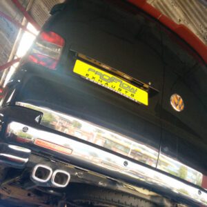 VW T5 T5.1 Transporter Stainless Steel Custom Exhaust Back Box Twin Tailpipe VW T5 T5.1 Transporter Stainless Steel Custom Exhaust Back Box Twin Tail Pipe, This includes rear exhaust (back box only) fitted with a twin tailpipe. Why not transform the look and feel of your VW Transporter T5 and replace old boring mild steel exhaust with a brand new stainless steel custom exhaust system built on your van by our expert technicians. We have been designing and fitting bespoke exhaust systems since 1991 and are quickly becoming one of the UK’s leading suppliers of stainless steel exhaust products. Our aim is to deliver a new kind of exhaust fitting experience, with clean, modern premises, high-tech equipment and highly trained technicians. We pride ourselves on offering the very best in service, choice and quality. This product requires you to bring the Van to our fitting centre in the West Midlands. On arrival you will be met by a trained technician to discuss your requirements. You will be able to choose from a wide range of tail pipes for the agreed price. Fabrication and fitting takes approximately 2-3 hours. Custom Built Stainless Steel Exhaust Product range: Made from T304 Grade Stainless Steel Rust Resistant Large Choice of Tailpipes Improve the sound of your engine Improved performance