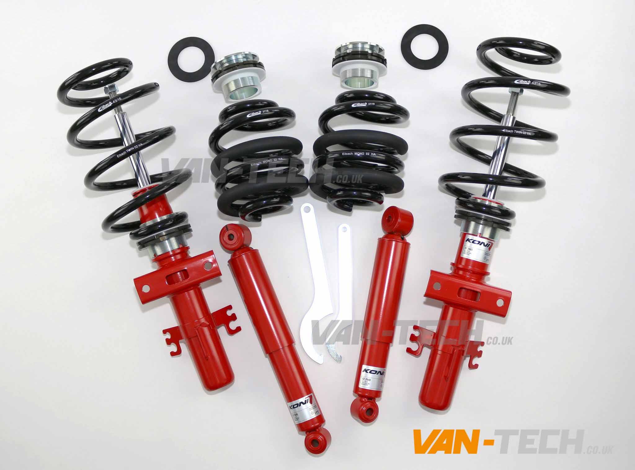 Twin-Adjust-Projekt-Sensitiv-Comfort-Coilovers Twin-Adjust-Projekt-Sensitiv Comfort Coilovers VW T26 – T30 (T5-T6.1) Comfort coilover kit for the Volkswagen Transporter T5, T6 and T6.1 by Eibach and Koni. The Twin-Adjust-Projekt-Sensitiv coilovers from Twin-Monotube-Projekt Germany offer a ride height adjustment range between 40-70mm and is suitable for the VW T26, T28 and T30 models, excluding the T32. (For T32 model, please see the pre-order listing). The coilovers provide unrivalled comfort, adjustability and quality due to the pre mechanical rebound adjustment from the Koni dampers while maintaining a sporty and improved ride performance. The Koni dampers can be individually pre adjusted prior to fitting to achieve the desired set-up, however offer the most comfortable set up on the base setting out the box. They also offer extended travel of 30mm at the front strut and the approved dirt-resistant rebound adjustment. The Eibach comfort sport springs provide a sporty, comfortable ride with further reduction in body roll and pitch. This was achieved by the experienced engineers at spring specialist Eibach Germany. Other features are durability, long term stability without spring sag and fracture strength. The Eibach springs and Koni dampers come with two (2) year warranty. Twin-Monotube-Projekt Germany is a suspension specialist for the Transporter. The company helped develop the popular B14 coilovers for Bilstein Germany. They describe the new coilovers as an evolution in ride comfort and tuning adjustment from the B14s. TUV approved.