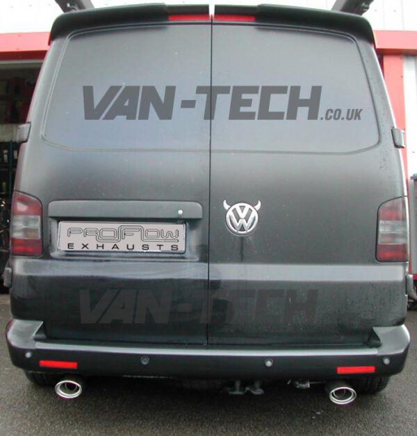 V5-Transporter-proflow-custom-stainless-steel-back-box-duel-tail-pipes-oval-1-600x628 VW T5 T5.1 Transporter Stainless Steel Custom Exhaust System Single Tailpipes VW T5 T5.1 Transporter Stainless Steel Custom Exhaust System Single Tail Pipes, this includes Dual Exhaust System Mid and Rear sections fitted with Tail Pipes. Why not transform the look and feel of your VW Transporter T5 T5.1 and replace old boring mild steel exhaust with a brand new stainless steel custom exhaust system built on your van by our expert technicians. We have been designing and fitting bespoke exhaust systems since 1991 and are quickly becoming one of the UK’s leading suppliers of stainless steel exhaust products. Our aim is to deliver a new kind of exhaust fitting experience, with clean, modern premises, high-tech equipment and highly trained technicians. We pride ourselves on offering the very best in service, choice and quality. This product requires you to bring the Van to our fitting centre in the West Midlands. On arrival you will be met by a trained technician to discuss your requirements. You will be able to choose from a wide range of tail pipes for the agreed price. Fabrication and fitting takes approximately 2-3 hours. Fitted at your local fitting Centre in the West Midlands. Custom Built Stainless Steel Exhaust Product range: Made from T304 Grade Stainless Steel Rust Resistant Large Choice of Tailpipes Improve the sound of your engine Improved performance