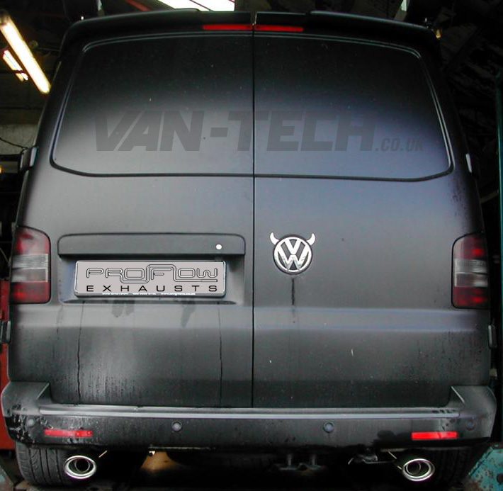 V5-Transporter-proflow-custom-stainless-steel-back-box-duel-tail-pipes-oval-Copy VW T5 T5.1 Transporter Stainless Steel Custom Exhaust System Single Tailpipes VW T5 T5.1 Transporter Stainless Steel Custom Exhaust System Single Tail Pipes, this includes Dual Exhaust System Mid and Rear sections fitted with Tail Pipes. Why not transform the look and feel of your VW Transporter T5 T5.1 and replace old boring mild steel exhaust with a brand new stainless steel custom exhaust system built on your van by our expert technicians. We have been designing and fitting bespoke exhaust systems since 1991 and are quickly becoming one of the UK’s leading suppliers of stainless steel exhaust products. Our aim is to deliver a new kind of exhaust fitting experience, with clean, modern premises, high-tech equipment and highly trained technicians. We pride ourselves on offering the very best in service, choice and quality. This product requires you to bring the Van to our fitting centre in the West Midlands. On arrival you will be met by a trained technician to discuss your requirements. You will be able to choose from a wide range of tail pipes for the agreed price. Fabrication and fitting takes approximately 2-3 hours. Fitted at your local fitting Centre in the West Midlands. Custom Built Stainless Steel Exhaust Product range: Made from T304 Grade Stainless Steel Rust Resistant Large Choice of Tailpipes Improve the sound of your engine Improved performance