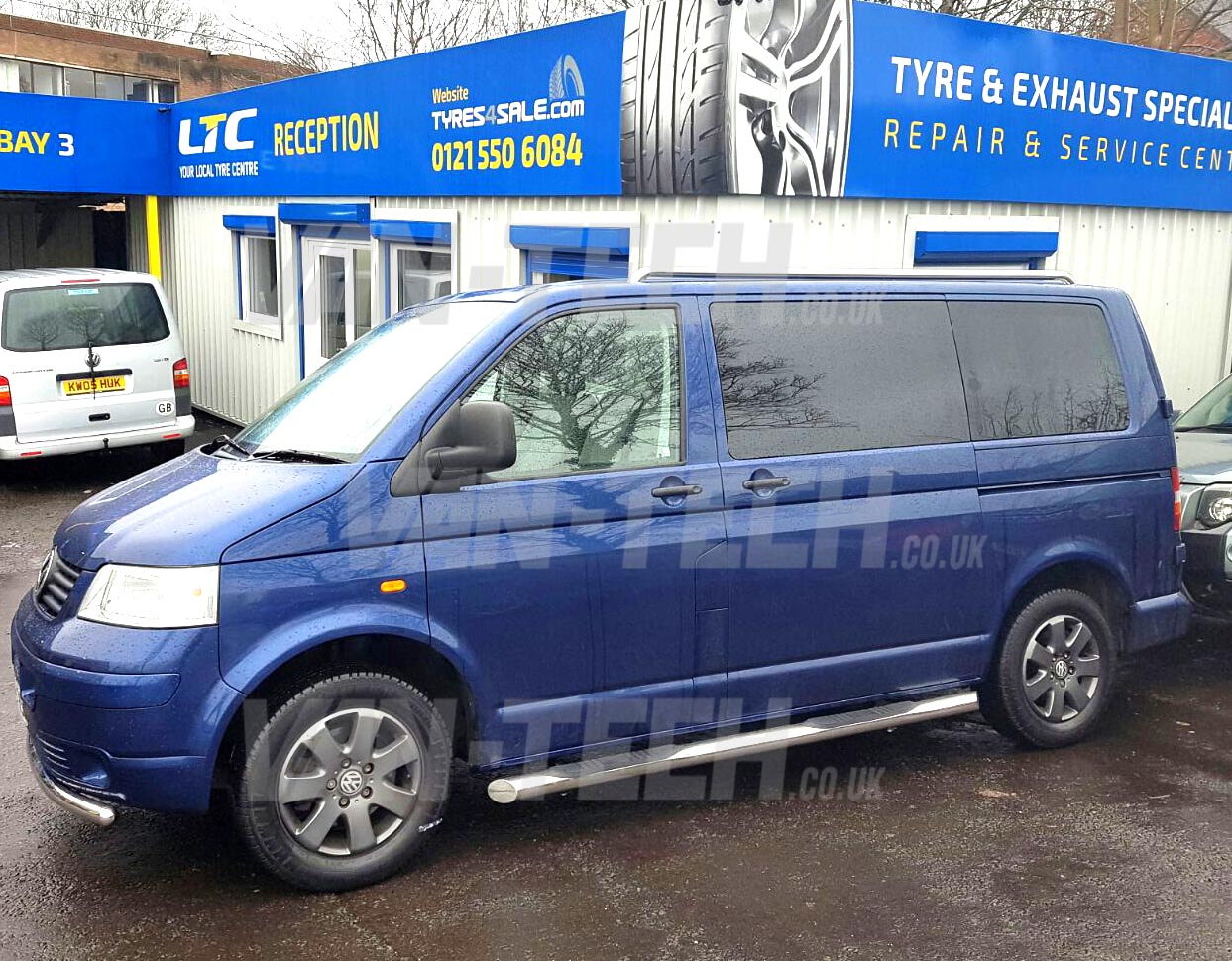 VW-T5-Stainless-steel-sportline-style-roof-rails-1 VW T5 SWB LWB Slashed End Side Bars with Three Steps stainless steel with slash cut end.