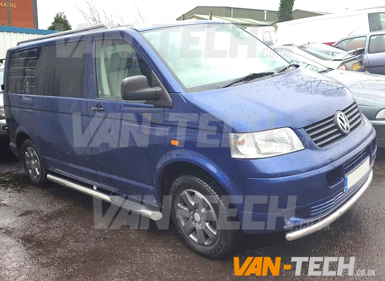 VW-T5-Stainless-steel-sportline-style-roof-rails-2 VW T5 SWB LWB Slashed End Side Bars with Three Steps stainless steel with slash cut end.