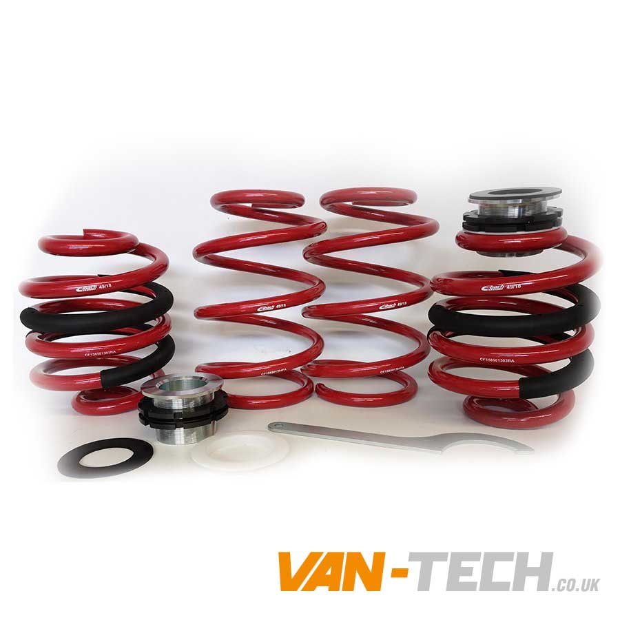 VW-T5-T5.1-T6-T6.1-Eibach-Adjustable-Comfort-Lowering-Springs VW T5 T5.1 T6 Eibach Adjustable Comfort Lowering Springs Eibach adjustable comfort sport springs by Eibach Germany are designed for the Volkswagen Transporter T5 T5.1 and T6 vans (excluding T6.1). For T6.1 please see our other listings. The Comfort springs work with original VW standard dampeners. The rear springs come with an adjustable threaded cup which enables the user to define the desired rear ride height between 25mm and 45mm. This takes out the guess work of how the van will sit without affecting the load rating of the vehicle. Effectively, whether you have a full camper conversion or just carry a mountain bike in the rear, you can get the look you desire. This also eliminates the need to fit under rated rear springs to an empty or light loaded van to get it to sit level. The Comfort spring kits are around 20% more comfortable in ride quality over the original Eibach pro sport springs while still maintaining firm sporty handling an Eibach build quality. This is an official Eibach product which carries the TÜV certified rating. MAX FRONT AXLE RATING UP TO 1710KG and REAR UP TO 1720KG. FRONT RIDE HEIGHT APPROXIMATELY 40 – 45MM REAR RIDE HEIGHT (ADJUSTABLE) 25 – 45MM