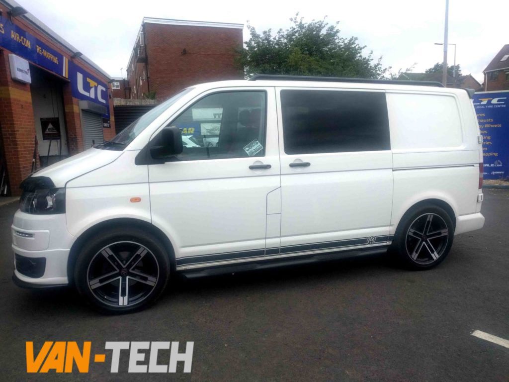 VW-Transporter-T5-T5.1-and-T6-black-slashed-end-side-bars-3 VW T5 SWB LWB Transporter Black Slashed End Side Bars with Three Steps.