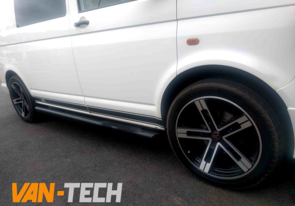 VW-Transporter-T5-T5.1-and-T6-black-slashed-end-side-bars-4 VW T5 SWB LWB Transporter Black Slashed End Side Bars with Three Steps.
