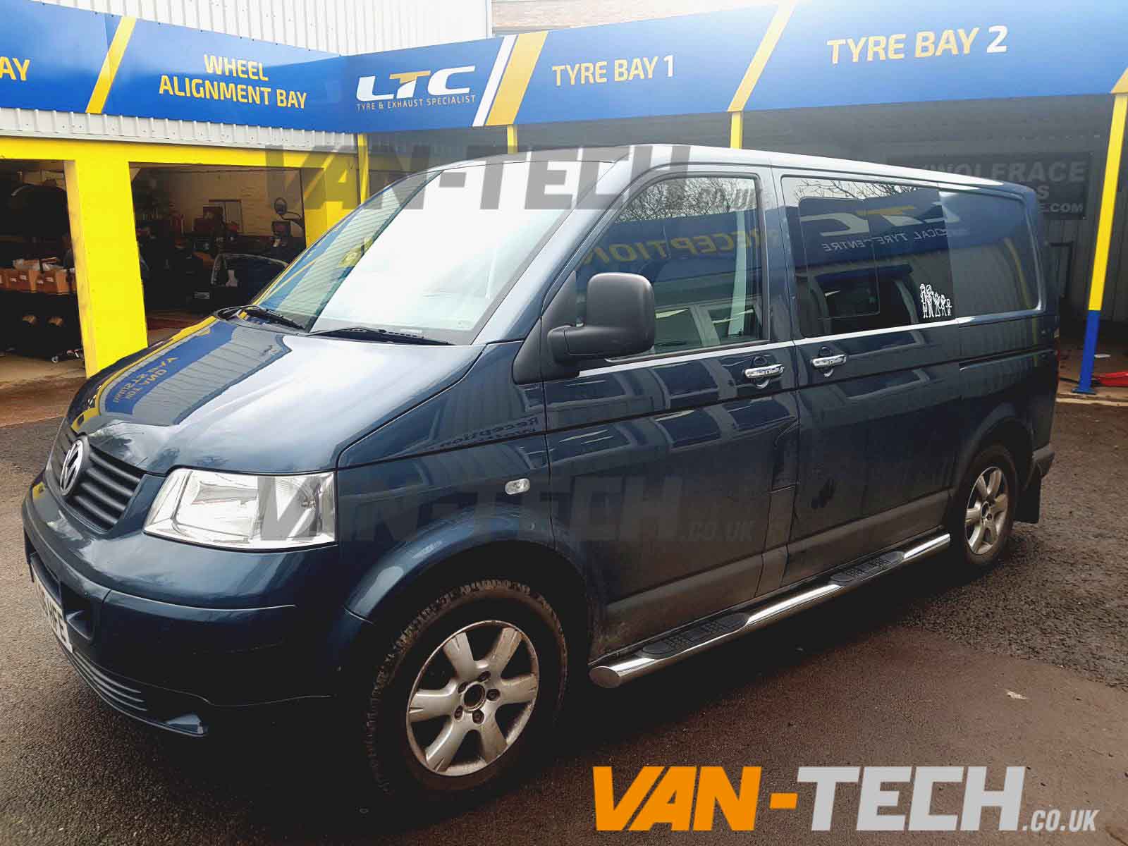VW-Transporter-T5-Van-fitted-with-4-step-stainless-steel-side-bars-van-tech-1 VW T5 T5.1 T6 SWB LWB Transporter Slashed End Side Bars with Four Steps