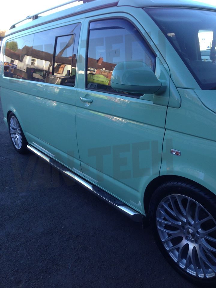 VW-Transporter-T5-with-4-step-slash-cut-stainless-steel-side-bars VW T5 T5.1 T6 SWB LWB Transporter Slashed End Side Bars with Four Steps