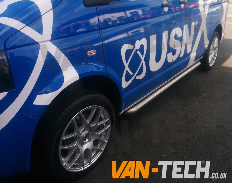 VW-transporter-T5-fitted-with-DRC-DRM-Silver-Alloy-wheels-18-inch-1 VW T5 T5.1 Side Bars Sportline Stainless Steel O.E Style SWB LWB Transporter
