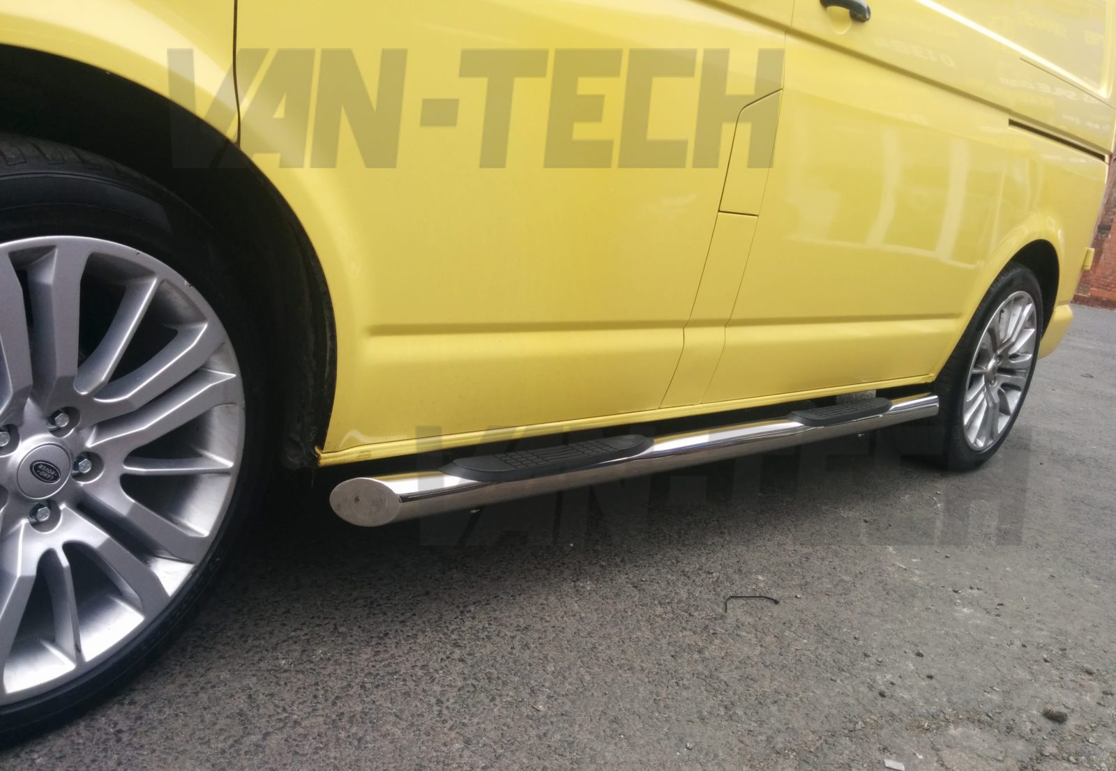 VW-transporter-T5-with-3-step-stainless-steel-side-bars-and-stainlees-steel-roof-rails-2 VW T5 SWB LWB Slashed End Side Bars with Three Steps stainless steel with slash cut end.