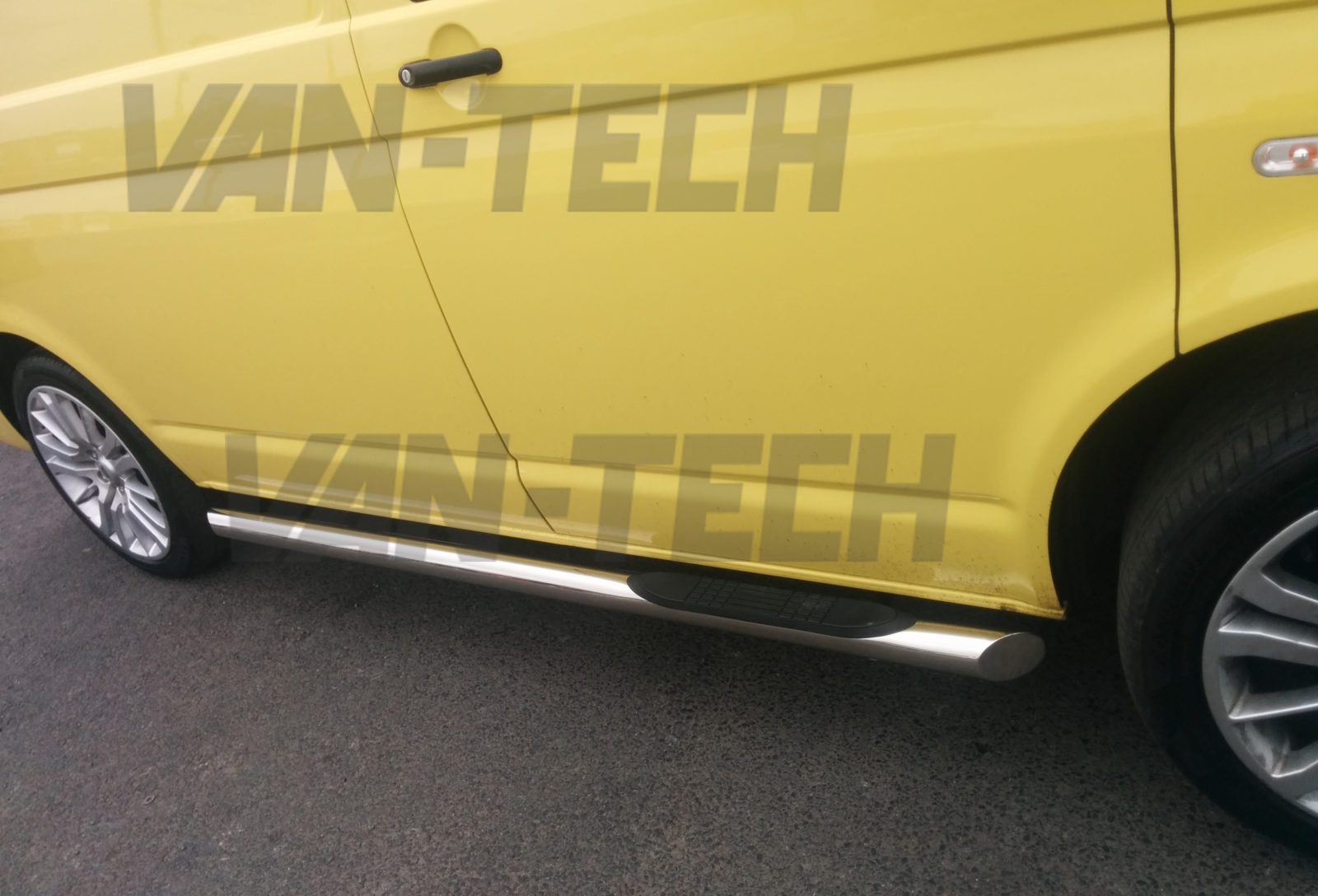 VW-transporter-T5-with-3-step-stainless-steel-side-bars-and-stainlees-steel-roof-rails-3 VW T5 SWB LWB Slashed End Side Bars with Three Steps stainless steel with slash cut end.