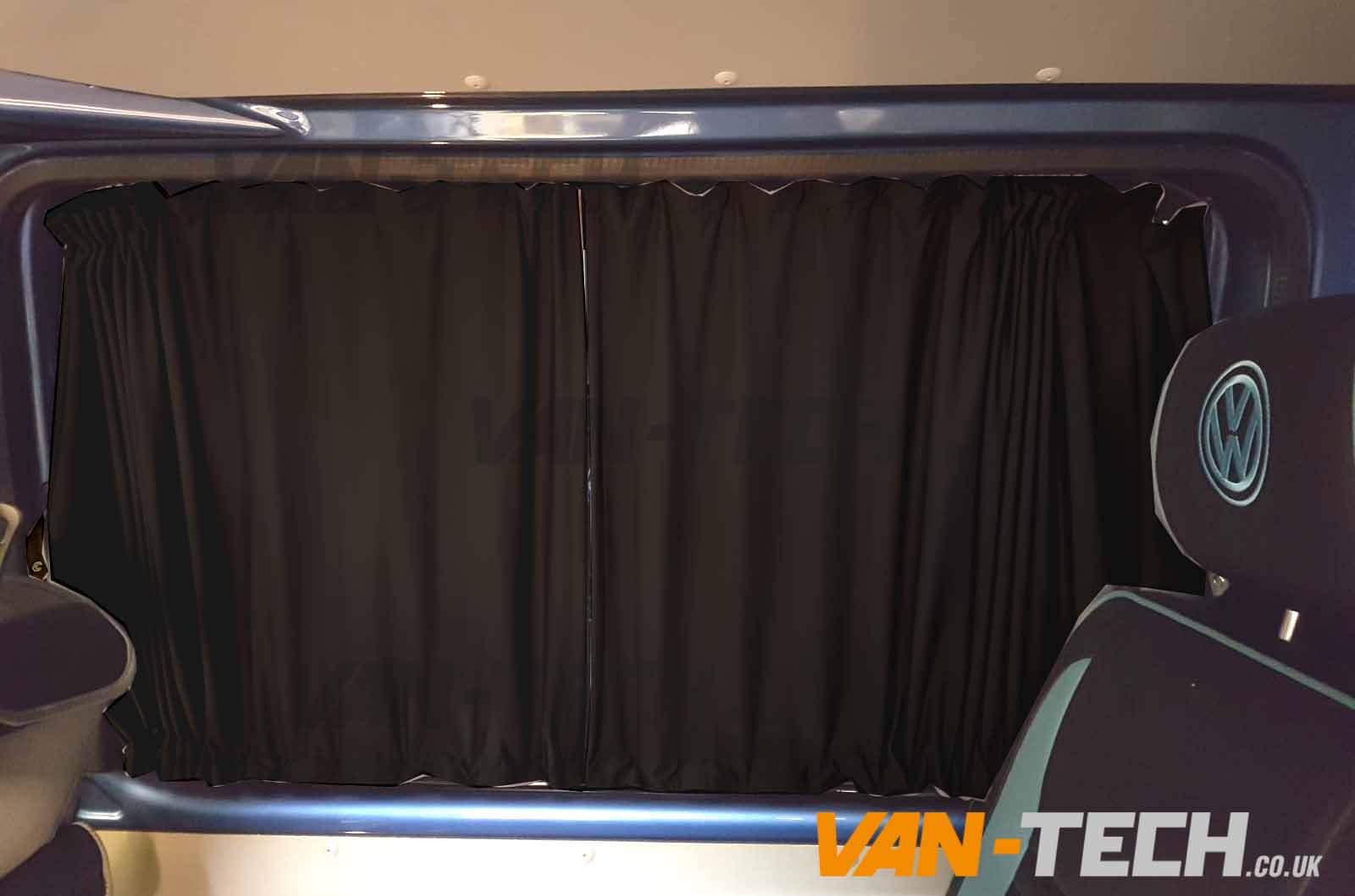 VW-transporter-t5-t5.-t6-black-interior-curtains-1- VW T5 T5.1 Blackout Interior Curtain Behind The Driver This VW T5 T5.1 Blackout Interior Curtain Behind The Driver and Rail set really looks the part and will give you a nice and simple way to provide some extra privacy to the interior of your vehicle. Please note, the current stock are supplied with Black Rails. Please note these curtains will require some minor modification for fitting to Genuine Caravelle Models please call us on 0121 550 4628 for details. High Quality Blackout Curtain Pre drilled runners easy to fit with a screwdriver Tailor made for the VW T5 T5.1 Transporter models increased privacy Fitting kit included 2 colours available Black and Grey (with Black inner lining)