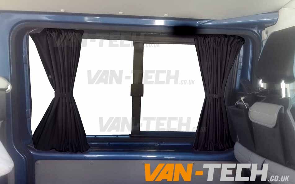VW-transporter-t5-t5.-t6-black-interior-curtains-2- VW T5 T5.1 Blackout Interior Curtain Behind The Driver This VW T5 T5.1 Blackout Interior Curtain Behind The Driver and Rail set really looks the part and will give you a nice and simple way to provide some extra privacy to the interior of your vehicle. Please note, the current stock are supplied with Black Rails. Please note these curtains will require some minor modification for fitting to Genuine Caravelle Models please call us on 0121 550 4628 for details. High Quality Blackout Curtain Pre drilled runners easy to fit with a screwdriver Tailor made for the VW T5 T5.1 Transporter models increased privacy Fitting kit included 2 colours available Black and Grey (with Black inner lining)