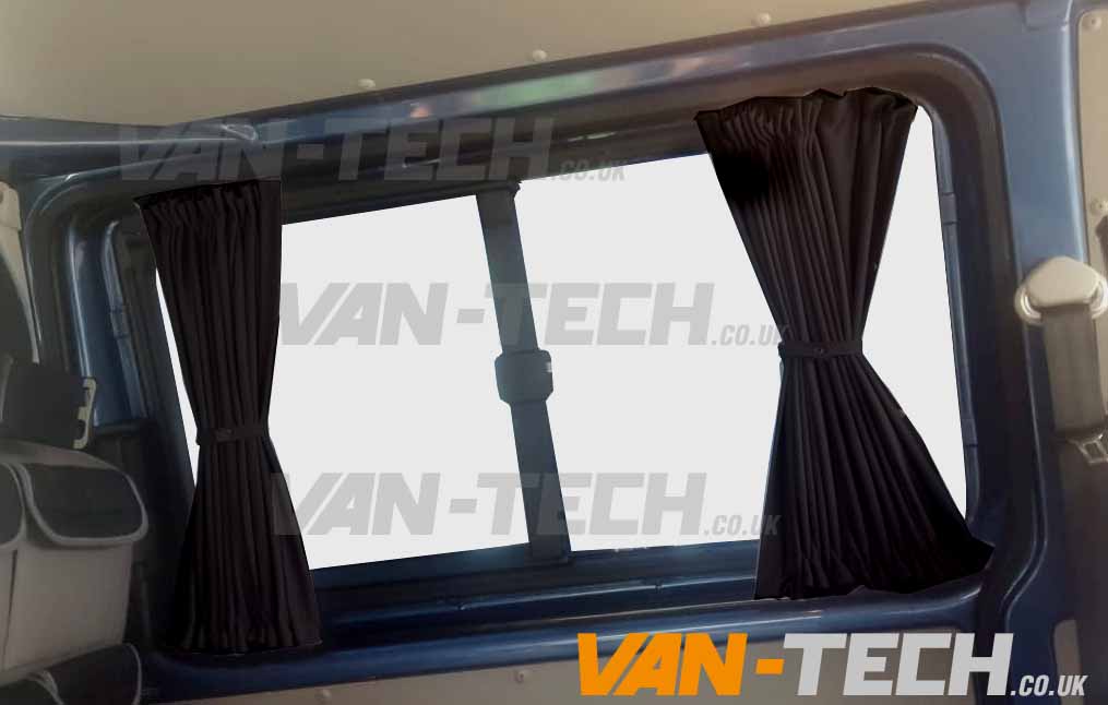 VW-transporter-t5-t5.-t6-black-interior-curtains-3- VW T5 T5.1 Blackout Interior Curtain Behind The Driver This VW T5 T5.1 Blackout Interior Curtain Behind The Driver and Rail set really looks the part and will give you a nice and simple way to provide some extra privacy to the interior of your vehicle. Please note, the current stock are supplied with Black Rails. Please note these curtains will require some minor modification for fitting to Genuine Caravelle Models please call us on 0121 550 4628 for details. High Quality Blackout Curtain Pre drilled runners easy to fit with a screwdriver Tailor made for the VW T5 T5.1 Transporter models increased privacy Fitting kit included 2 colours available Black and Grey (with Black inner lining)