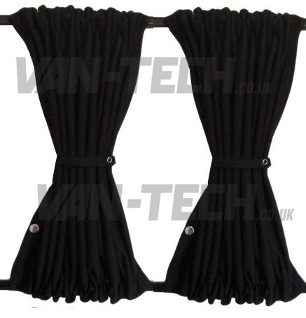 Van-tech-black-curtains-pictures VW T5 T5.1 Blackout Interior Curtain Half Pack This VW T5 T5.1 Blackout Interior Curtain Half Pack set really looks the part and will give you a nice and simple way to provide some extra privacy to the interior of your vehicle. This Curtain Pack contains: Behind The Driver Curtain Side Loading Door Curtain Tailgate or Barn Door Curtain Available in Black or Grey Please note these curtains will require some minor modification for fitting to Genuine Caravelle Models please call us on 0121 550 4628 for details. High Quality Blackout Curtain Pre drilled runners easy to fit with a screwdriver Tailor made for the VW T5 T5.1 Transporter models increased privacy Fitting kit included 2 colours available Black and Grey (with Black inner lining)
