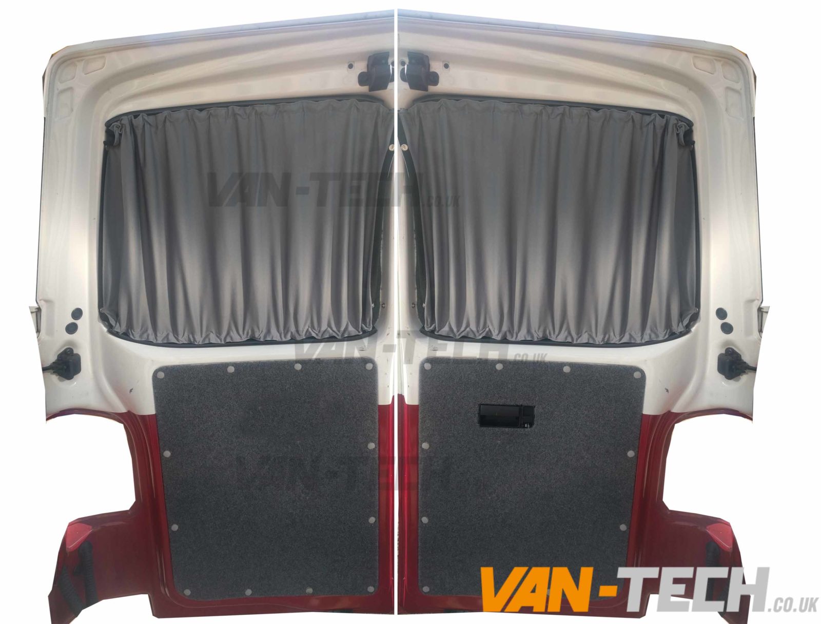 barn-door-curtain-grey-1 VW T5 T5.1 Blackout Interior Curtain Half Pack This VW T5 T5.1 Blackout Interior Curtain Half Pack set really looks the part and will give you a nice and simple way to provide some extra privacy to the interior of your vehicle. This Curtain Pack contains: Behind The Driver Curtain Side Loading Door Curtain Tailgate or Barn Door Curtain Available in Black or Grey Please note these curtains will require some minor modification for fitting to Genuine Caravelle Models please call us on 0121 550 4628 for details. High Quality Blackout Curtain Pre drilled runners easy to fit with a screwdriver Tailor made for the VW T5 T5.1 Transporter models increased privacy Fitting kit included 2 colours available Black and Grey (with Black inner lining)