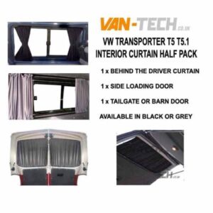 VW T5 T5.1 Blackout Interior Curtain Half Pack This VW T5 T5.1 Blackout Interior Curtain Half Pack set really looks the part and will give you a nice and simple way to provide some extra privacy to the interior of your vehicle. This Curtain Pack contains: Behind The Driver Curtain Side Loading Door Curtain Tailgate or Barn Door Curtain Available in Black or Grey Please note these curtains will require some minor modification for fitting to Genuine Caravelle Models please call us on 0121 550 4628 for details. High Quality Blackout Curtain Pre drilled runners easy to fit with a screwdriver Tailor made for the VW T5 T5.1 Transporter models increased privacy Fitting kit included 2 colours available Black and Grey (with Black inner lining)