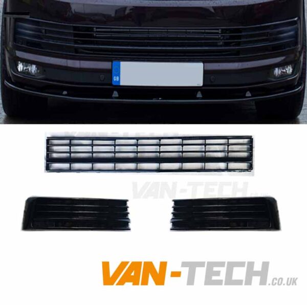 front-t6-black1-600x596 VW Transporter T6 Middle Bumper Inserts Gloss Black Trim