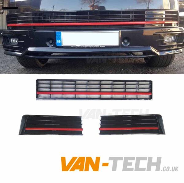 front-t6-red-1-600x596 VW Transporter T6 Middle Bumper Inserts Red Trim
