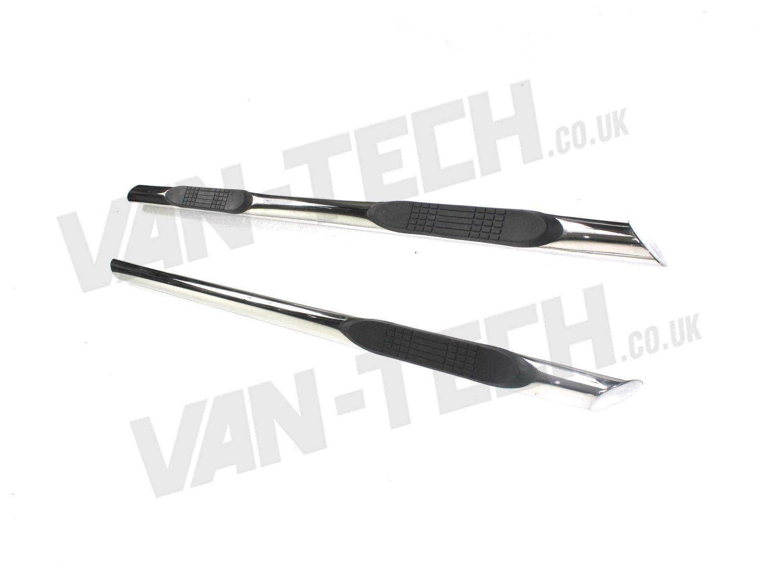 vw-t5-transporter-van-stainless-steel-slash-cut-end-3-step-side-bars-1 VW T5 SWB LWB Slashed End Side Bars with Three Steps stainless steel with slash cut end.