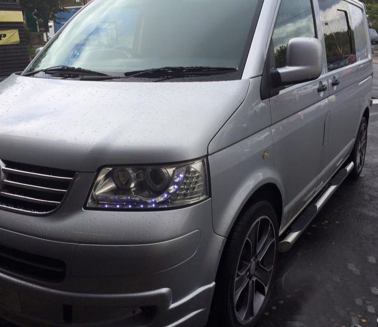 vw-transporter-t5-3-step-side-bars-4 VW T5 SWB LWB Slashed End Side Bars with Three Steps stainless steel with slash cut end.