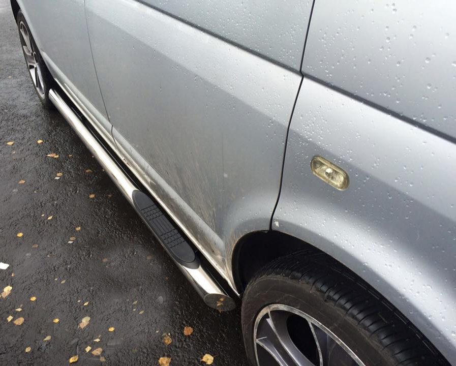 vw-transporter-t5-3-step-side-bars-5 VW T5 SWB LWB Slashed End Side Bars with Three Steps stainless steel with slash cut end.