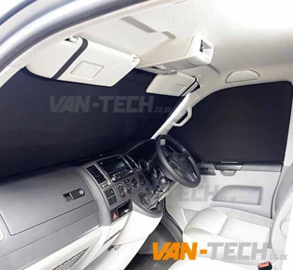 vw-transporter-t5-t5.1-t6-interior-screen-covers--600x553 VW T5 T5.1 Van Transporter Interior Cab Curtain Set Black or Grey These VW T5 T5.1 Van Transporter Interior Cab Curtain set sets really look the part, they will give you a nice and simple way to provide some extra privacy to the interior of your vehicle. Available in Black, this set will be a great companion for those camping nights away and will fit perfectly with the other Van-Tech Interior curtains. This stylishly designed curtain set is manufactured to a very high standard and tailor made exclusively for the VW T5 T5.1 Transporter, this curtain set and comes with fitting kit for attaching the front windscreen curtain while the two window curtains are magnetic for easy fitting. Product Features: High Quality Single Curtain Easy to fit with a screwdriver Tailor made for the VW T5 T5.1 Transporter models increased privacy Fitting kit included Available in Black or Grey