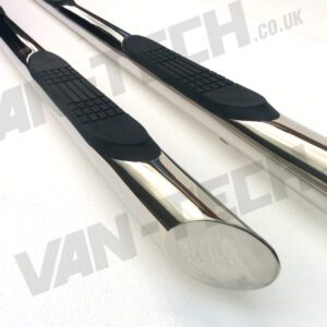 VW T5 SWB LWB Slashed End Side Bars with Three Steps stainless steel with slash cut end.