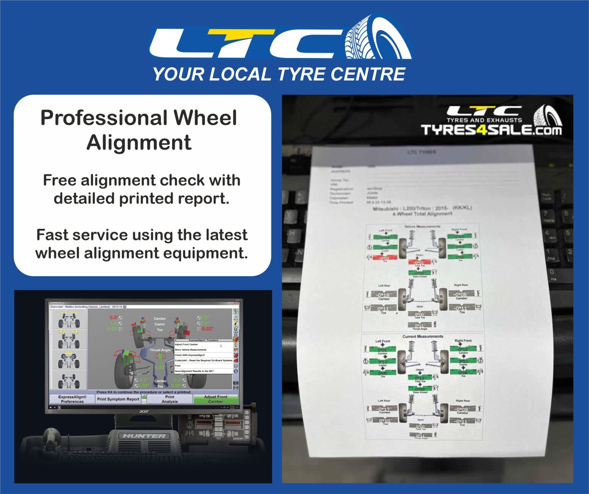 Printed Hunter wheel alignment report showing before and after alignment results at LTC Tyres and Exhausts