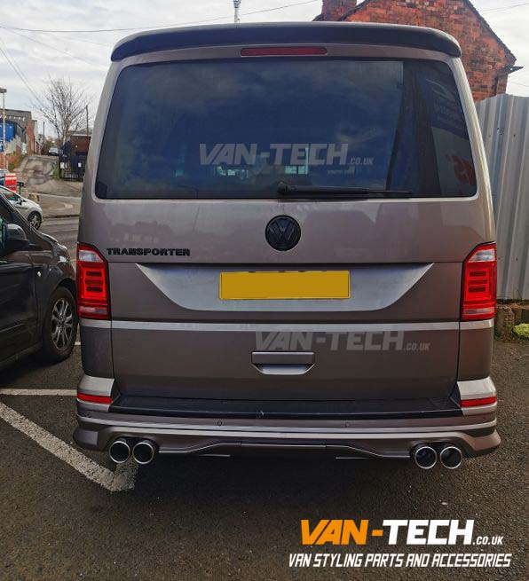 VW-Transporter-T6-Rear-Tailgate-Bumper-Diff-3 VW Transporter T6 T6.1 Rear Tailgate Bumper Diffuser Splitter This VW Transporter T6 T6.1Rear Tailgate Bumper Diffuser Splitter is stylishly designed and made exclusively for VW T6 T6.1 Tailgate Model vans. We can offer a custom exhaust building service to go with this bumper with a large choice of tailpipes available all made from stainless steel. Call us on: 0121 550 4628 for details. T6 Rear Tailgate Bumper Diffuser Splitter Product features: Built For Vans with Dual Exhaust System Made From Strong ABS Plastic Fits Models T6 T6.1 Tailgate only Primed finish ready for painting