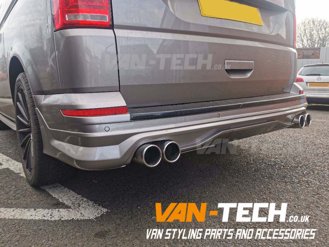 VW-Transporter-T6-Rear-Tailgate-Bumper-Diff-4 VW Transporter T6 T6.1 Rear Tailgate Bumper Diffuser Splitter This VW Transporter T6 T6.1Rear Tailgate Bumper Diffuser Splitter is stylishly designed and made exclusively for VW T6 T6.1 Tailgate Model vans. We can offer a custom exhaust building service to go with this bumper with a large choice of tailpipes available all made from stainless steel. Call us on: 0121 550 4628 for details. T6 Rear Tailgate Bumper Diffuser Splitter Product features: Built For Vans with Dual Exhaust System Made From Strong ABS Plastic Fits Models T6 T6.1 Tailgate only Primed finish ready for painting