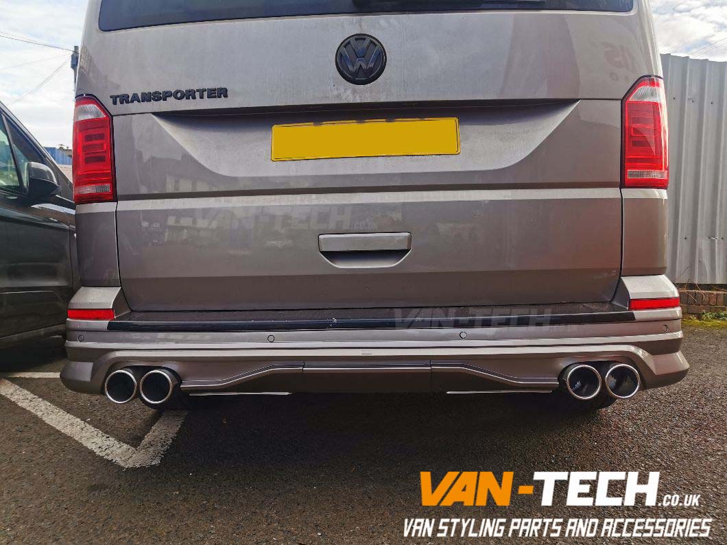 VW-Transporter-T6-Rear-Tailgate-Bumper-Diff-5 VW Transporter T6 T6.1 Rear Tailgate Bumper Diffuser Splitter This VW Transporter T6 T6.1Rear Tailgate Bumper Diffuser Splitter is stylishly designed and made exclusively for VW T6 T6.1 Tailgate Model vans. We can offer a custom exhaust building service to go with this bumper with a large choice of tailpipes available all made from stainless steel. Call us on: 0121 550 4628 for details. T6 Rear Tailgate Bumper Diffuser Splitter Product features: Built For Vans with Dual Exhaust System Made From Strong ABS Plastic Fits Models T6 T6.1 Tailgate only Primed finish ready for painting