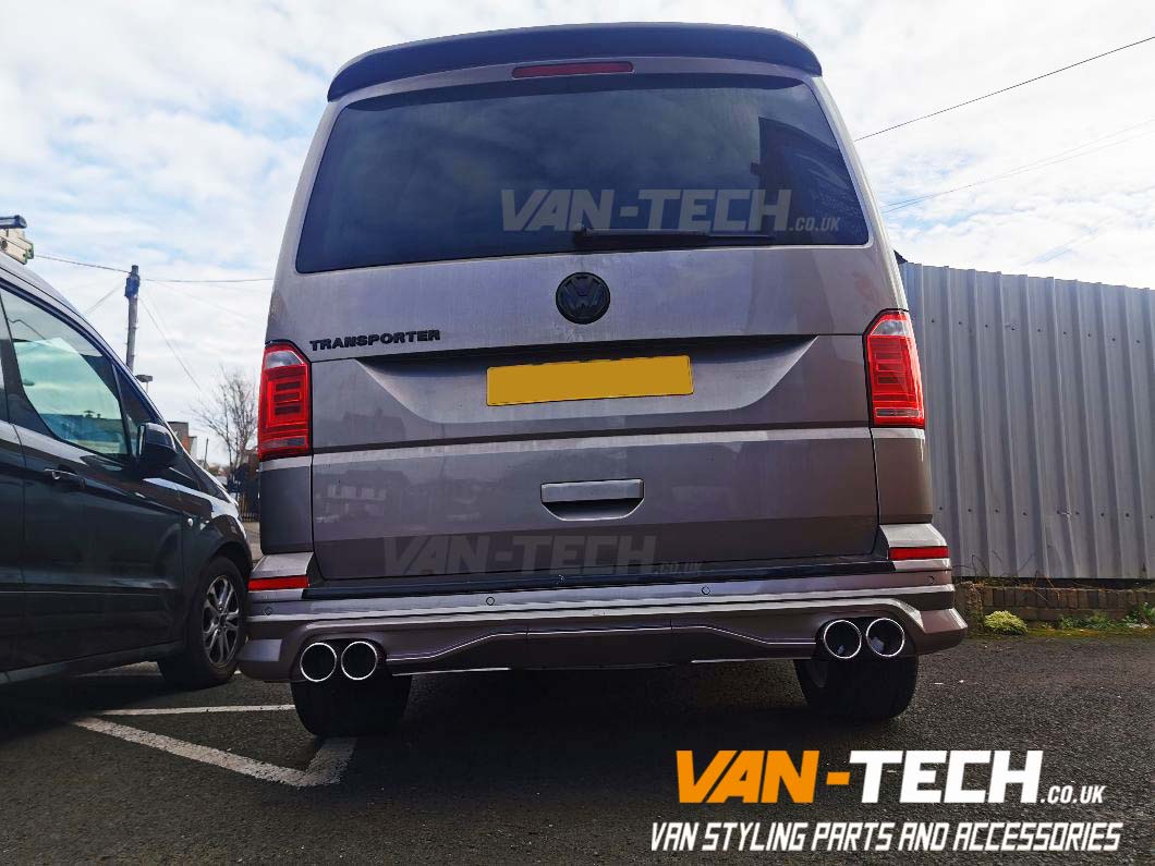 VW-Transporter-T6-Rear-Tailgate-Bumper-Diff VW Transporter T6 T6.1 Rear Tailgate Bumper Diffuser Splitter This VW Transporter T6 T6.1Rear Tailgate Bumper Diffuser Splitter is stylishly designed and made exclusively for VW T6 T6.1 Tailgate Model vans. We can offer a custom exhaust building service to go with this bumper with a large choice of tailpipes available all made from stainless steel. Call us on: 0121 550 4628 for details. T6 Rear Tailgate Bumper Diffuser Splitter Product features: Built For Vans with Dual Exhaust System Made From Strong ABS Plastic Fits Models T6 T6.1 Tailgate only Primed finish ready for painting