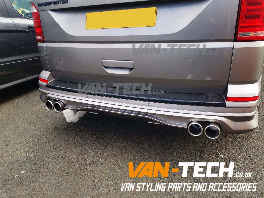 VW-Transporter-T6-Rear-Tailgate-Bumper-Diffus-1 VW Transporter T6 T6.1 Rear Tailgate Bumper Diffuser Splitter This VW Transporter T6 T6.1Rear Tailgate Bumper Diffuser Splitter is stylishly designed and made exclusively for VW T6 T6.1 Tailgate Model vans. We can offer a custom exhaust building service to go with this bumper with a large choice of tailpipes available all made from stainless steel. Call us on: 0121 550 4628 for details. T6 Rear Tailgate Bumper Diffuser Splitter Product features: Built For Vans with Dual Exhaust System Made From Strong ABS Plastic Fits Models T6 T6.1 Tailgate only Primed finish ready for painting