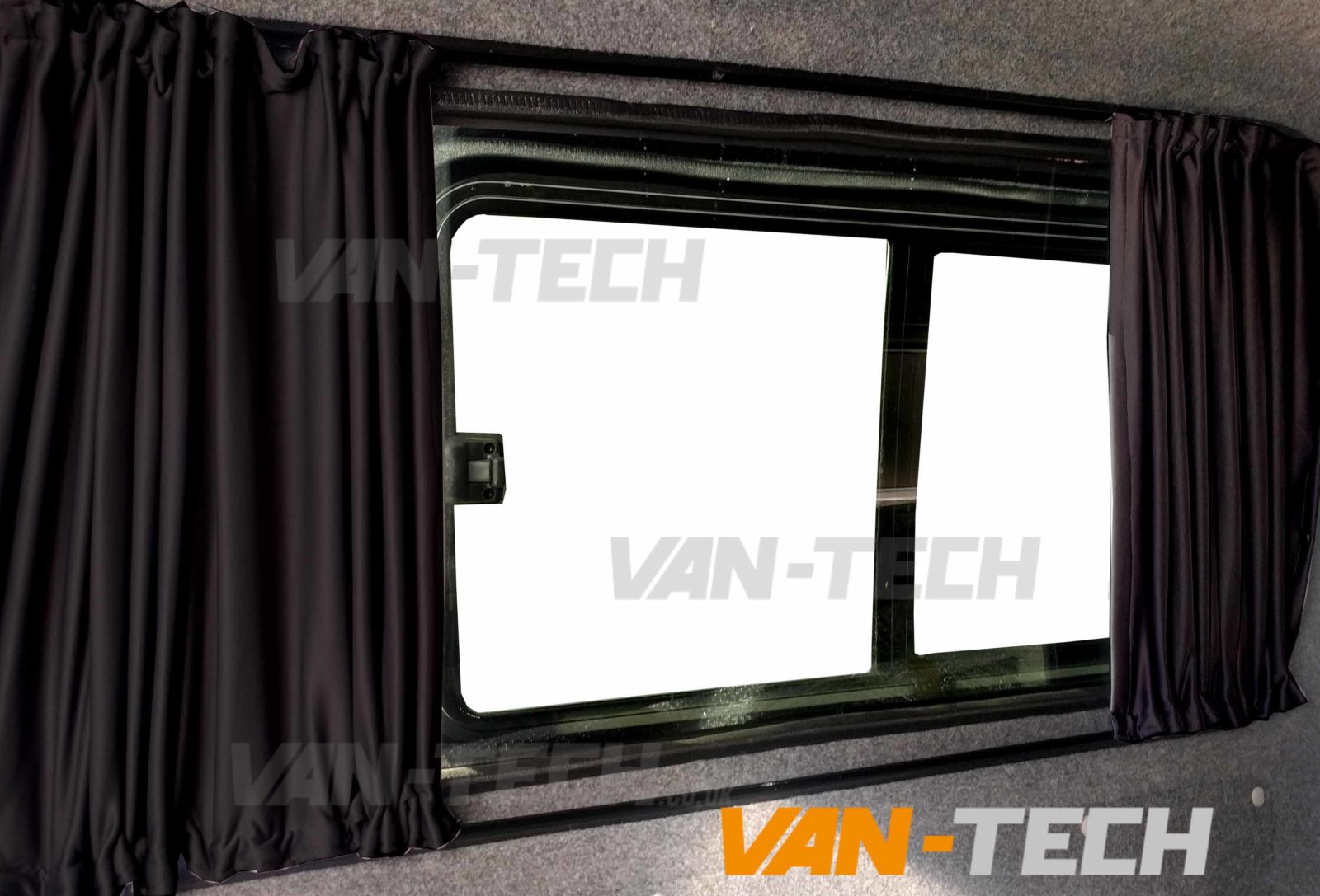 VW-transporter-t5-t5.-t6-black-interior-curtains-11 VW T6 T6.1 Blackout Interior Curtain LWB Rear Quarter