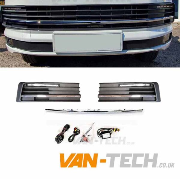 front-t6-chrome-1drl-lights-4-600x596 VW T6 DRL Daytime / Daylight Running Lights LED Chrome Trim Texture Finish
