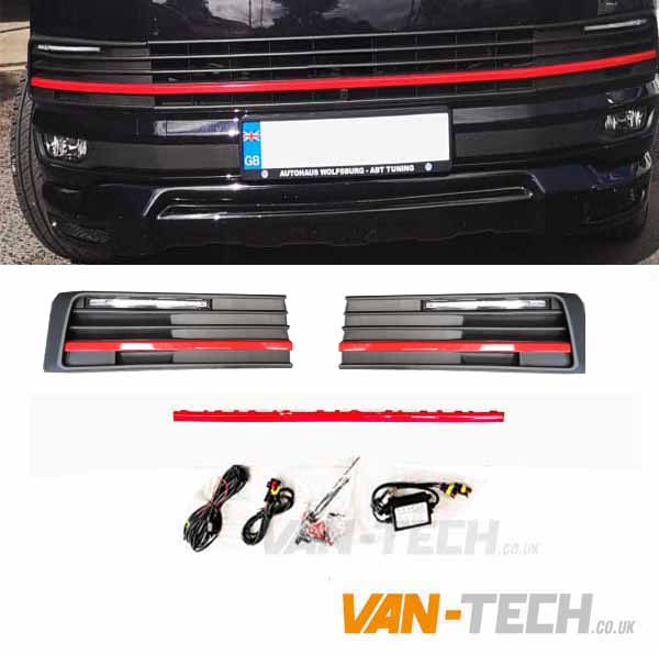 front-t6-red-1drl-lights-4 VW T6 DRL Daytime / Daylight Running Lights LED Red Trim Textured Finish