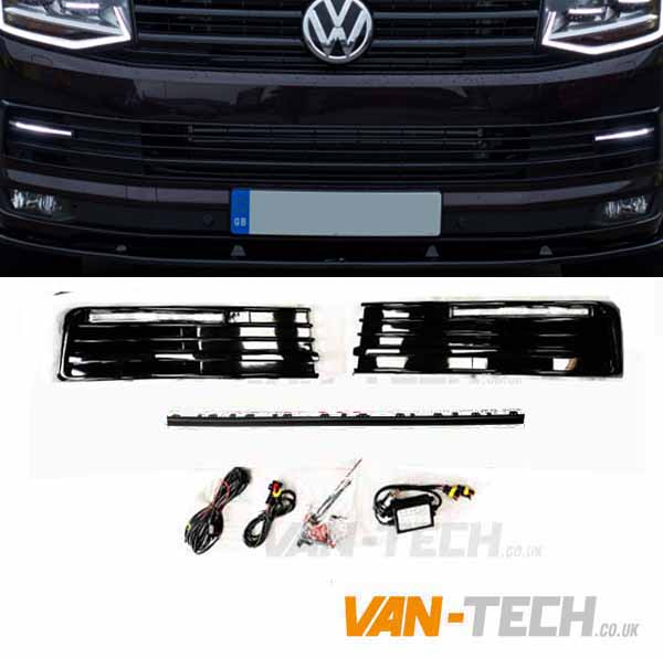 front-t6-red-1drl-lights-gloss-black-1 VW T6 DRL Daytime / Daylight Running Lights LED Gloss Black