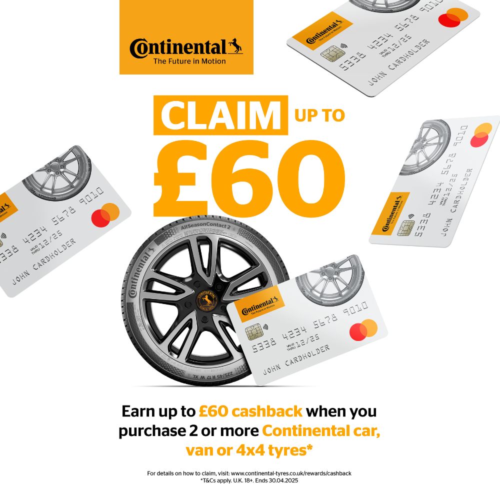 Continental Tyres Cash Back offer - Earn up to £60 cash back when you buy 2 or more Continental Tyres