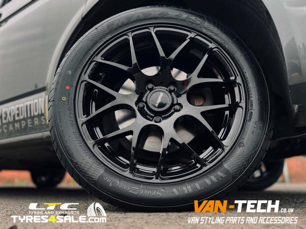 VW Transporter T6 Calibre Exile-R Alloy Wheels 18″ Gloss Black and Maxxis Tyres