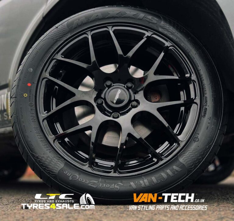 VW Transporter T6 Calibre Exile-R Alloy Wheels 18″ Gloss Black and Maxxis Tyres