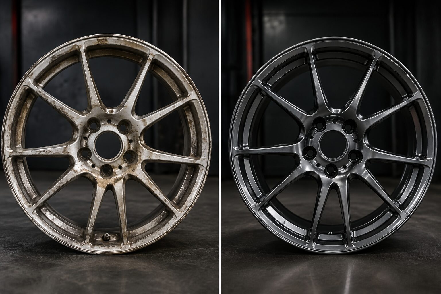 Before and after alloy wheel refurbishment and powder coating by LTC Tyres and Exhausts