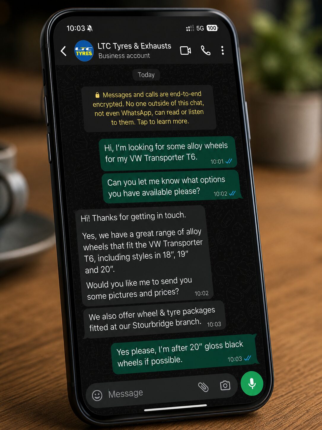 LTC Tyres alloy wheel enquiry using WhatsApp on a mobile phone